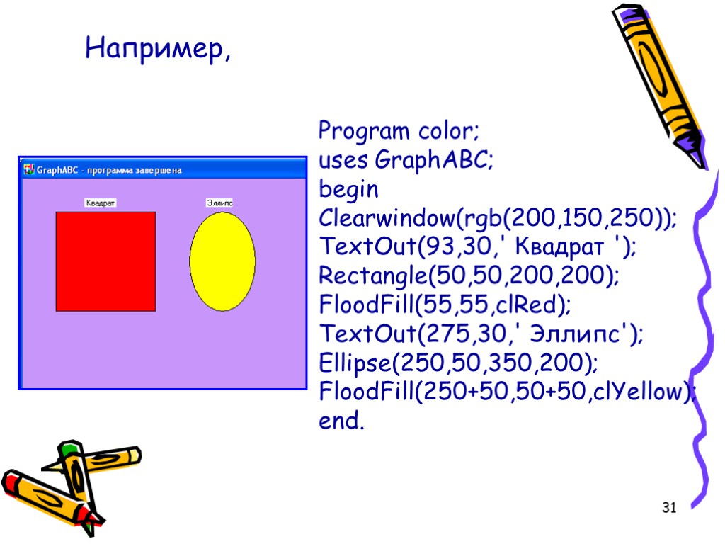 31 Program color; uses GraphABC; begin Clearwindow(rgb(200,150,250)); TextOut(93,30,' Квадрат '); Rectangle(50,50,200,200); FloodFill(55,55,clRed); TextOut(275,30,' Эллипс');